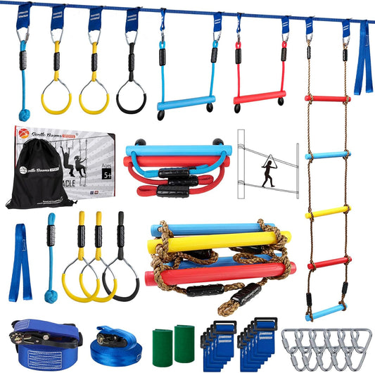 Ninja Warrior Obstacle Course for Kids, 2×56ft Slackline Kit with 8 Ninja Accessories - Monkey Bar, Rope Ladder, Gymnastic Ring, Arm Trainer and Monkey Fist