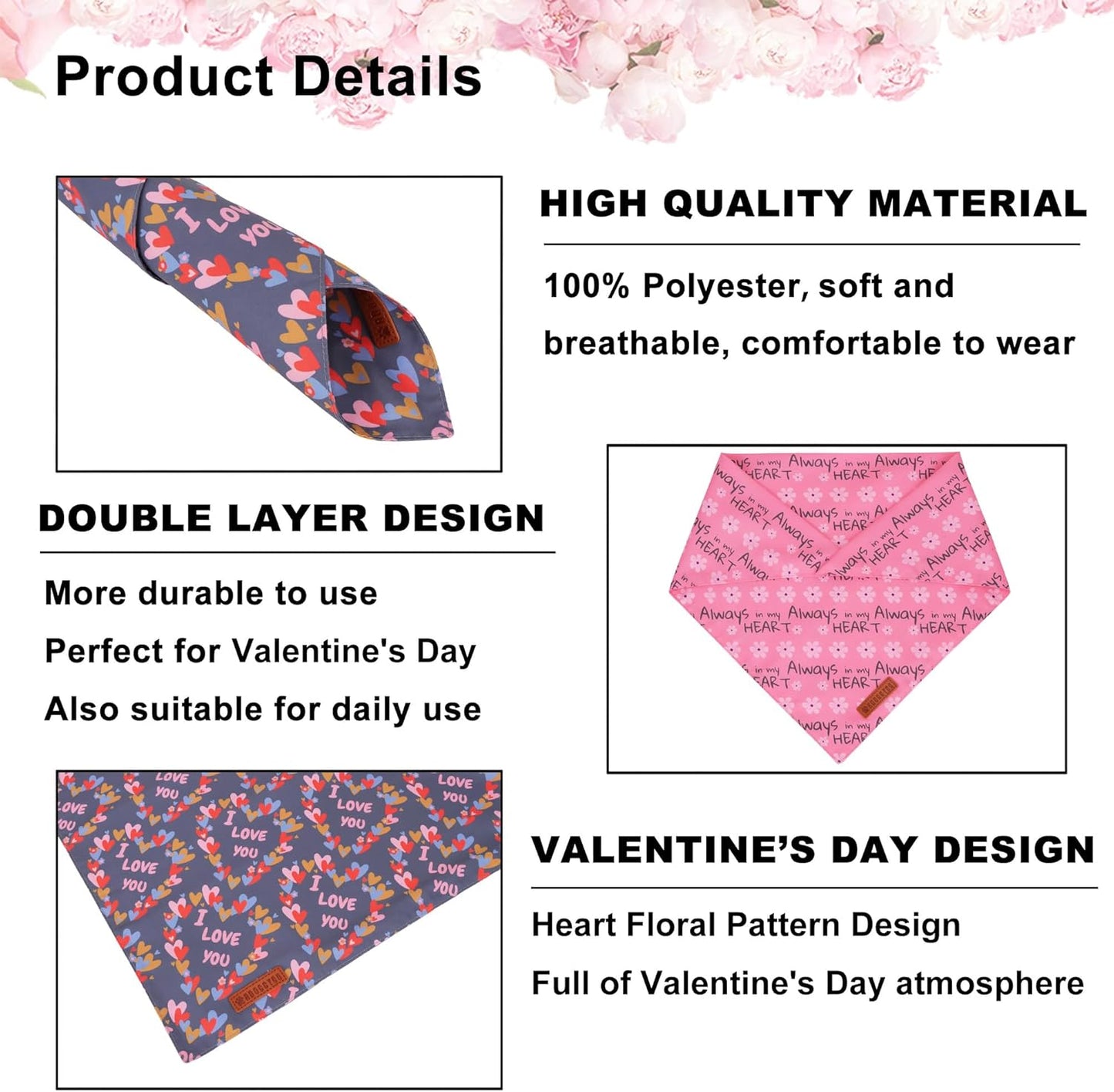 ADOGGYGO Valentine Dog Bandanas, Heart Love Floral Pet Scarf, Multi Size Offered, Pink Blue Pet Valentine Bandana for Medium Large Dogs (Large)