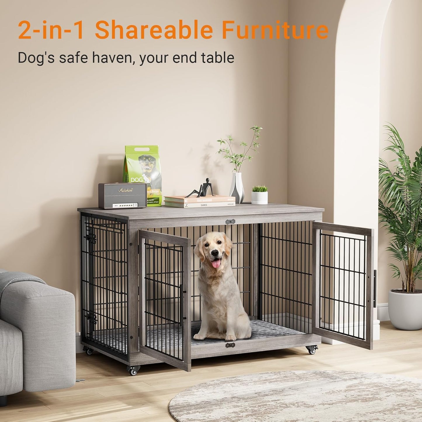 Lulive Dog Crate Furniture, XL Wooden Dog Kennel Indoor Double Doors Dog Cage, 44'' Heavy Duty Dog Crate with Cushion & Wheels, Decorative End Table Chew-Resistant for Extra Large/Medium, Grey