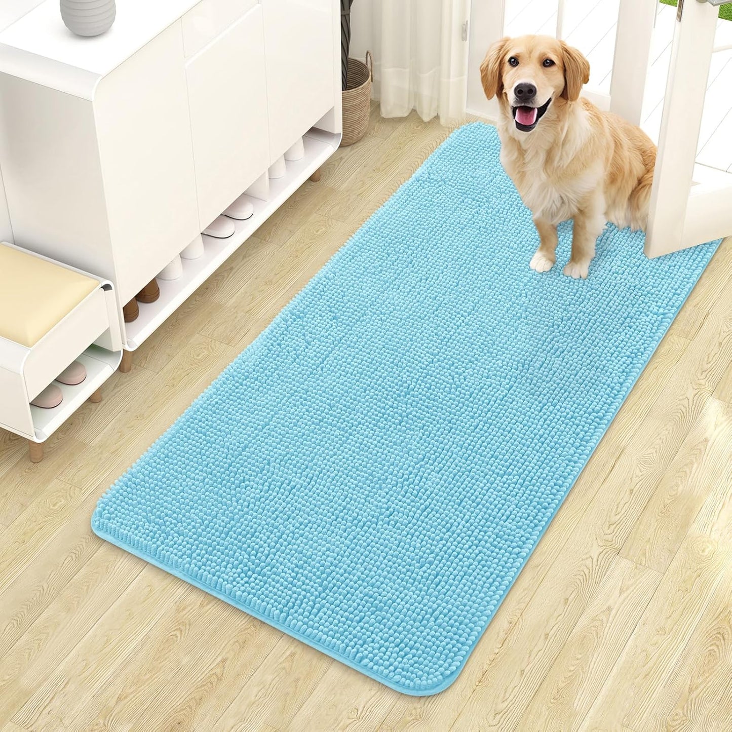 OLANLY Dog Door Mat for Muddy Paws 44x24, Absorbs Moisture and Dirt, Absorbent Non-Slip Washable Doormat, Quick Dry Chenille Mud Mat for Dogs, Entry Indoor Entryway Carpet for Inside Floor, Blue