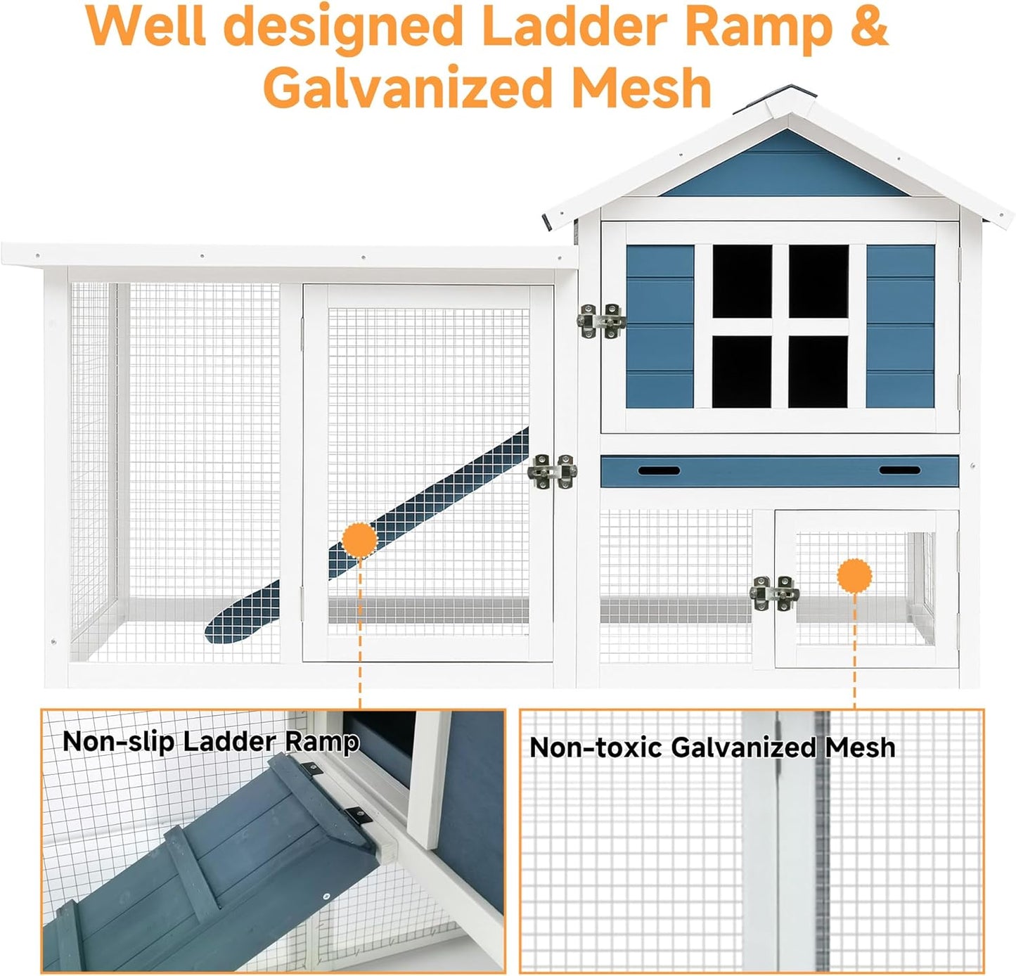 GARWOOD Large Outdoor Indoor Rabbit Hutch Wooden Bunny Rabbit Cage 2-Story with Run No-Leak Pull-Out Tray Waterproof Asphalt Roof Ramp for Guinea Pig Small Animal Wood Pet House Home Blue White
