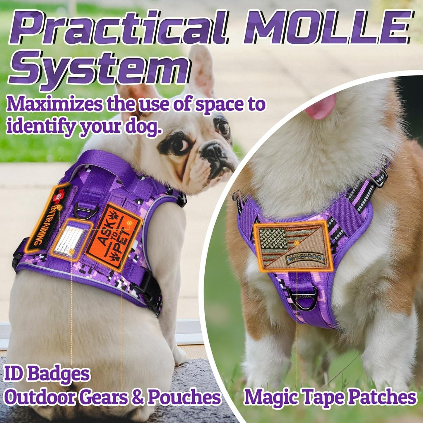 rabbitgoo Tactical Dog Harness for Large Dogs, No Pull Military Service Vest with Handle & Molle, Easy Control for Training Walking, Adjustable Reflective Straps, Purple Camo, L