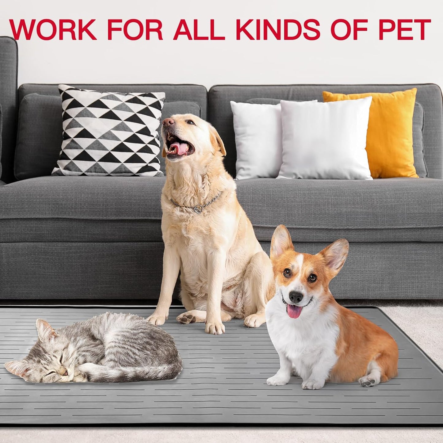 39.4"x29.5" Large Pet Food Mat, Silicone Dog Mats for Food and Water, Nonslip Pet Feeding Mats for Floors,Dog Cat Bowl Mat with Raised Edges, Beige