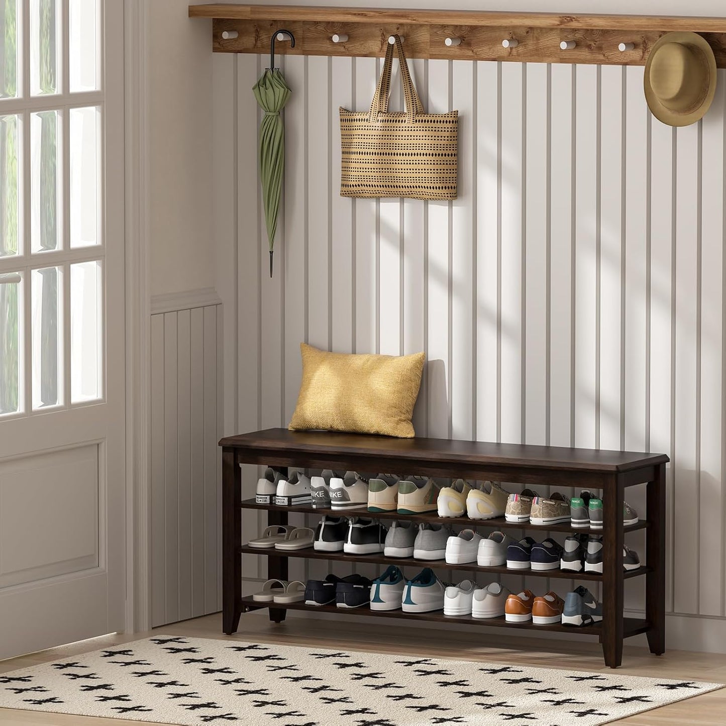 Shoe Bench Storage Rubberwood with Leather Cushion for Entryway Bench Ideal for Hallways Shoe Rack Front Doors Entrances Mudrooms Featuring 3 Height-Adjustable and Removable Shelves