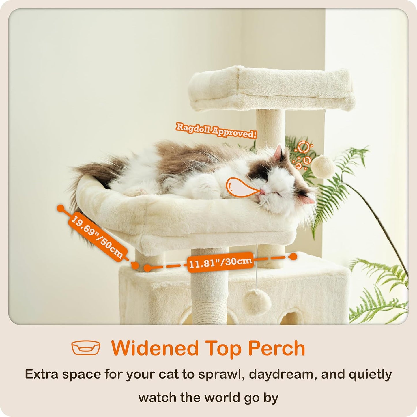 Ouritsu Cat Tree, 61 inch Tall Cat Tower for Large Cat Indoor, Enlarged Condo, 2 Padded Perches with 1 Widened, Large Hammock, Scratching Post and ramp, Fluffy Basket, Beige, LF002WH