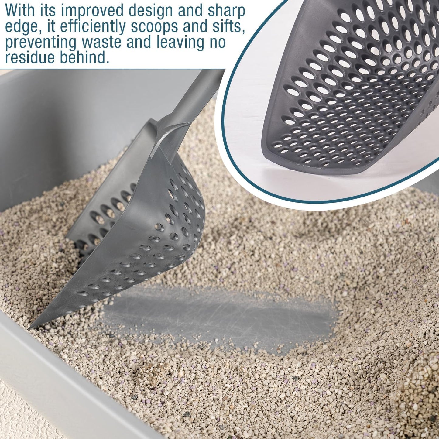 Set of 3 Cat Litter Scoop with Small Holes, Deep Sifting Shovel for Fine Litter, Reptile Terrarium Sand & Rabbit Pooper Lifter, Hanging Handle Poop Scooper (Gray, Set of 3)