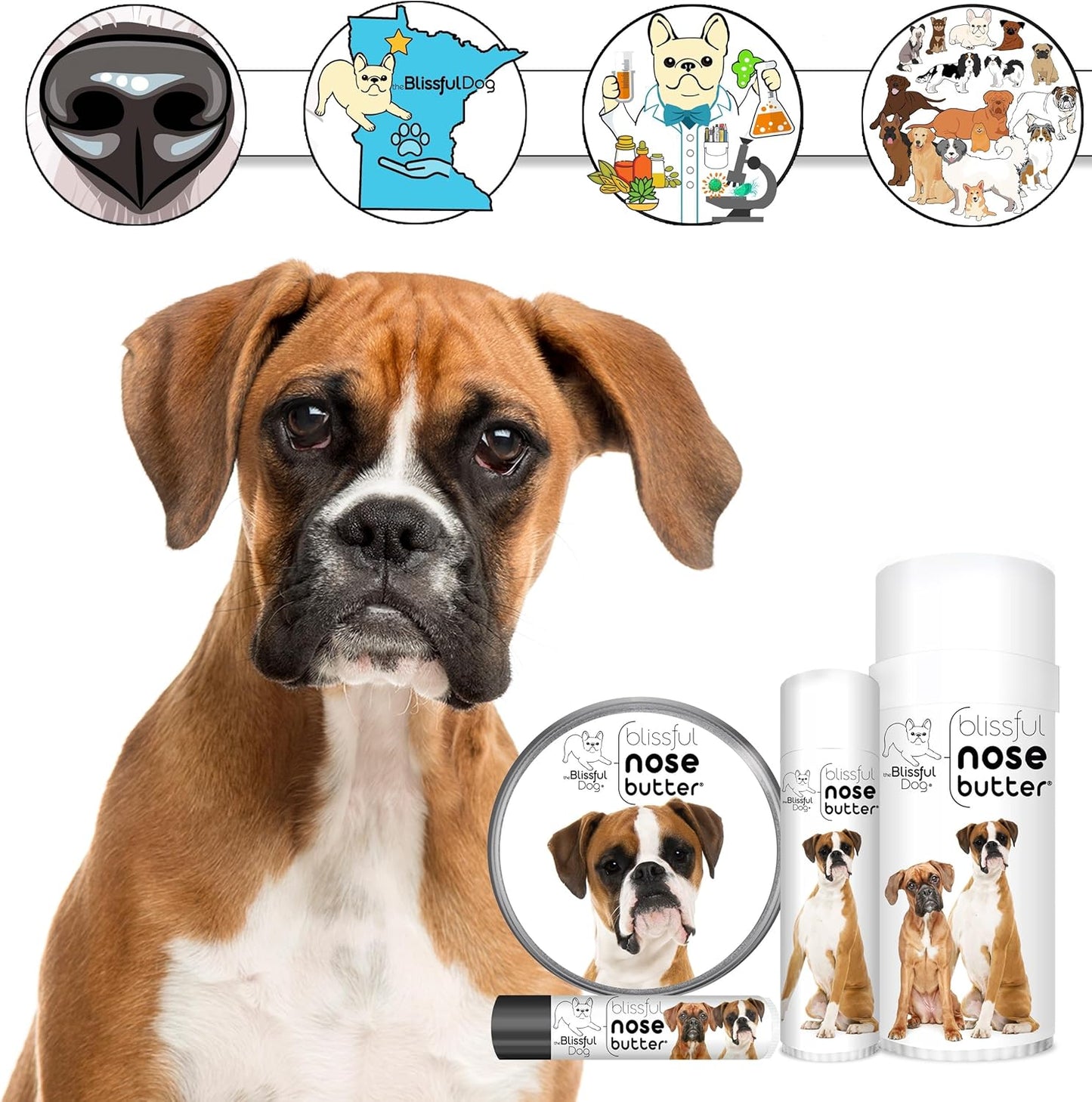 The Blissful Dog Fawn Boxer Nose Butter for Dry, Cracked Skin, Lick-Safe Dog Nose Balm with Moisturizing Shea Butter, Almond, Olive, and Essential Oils, Pet Supplies, Uncented, 0.50 oz.