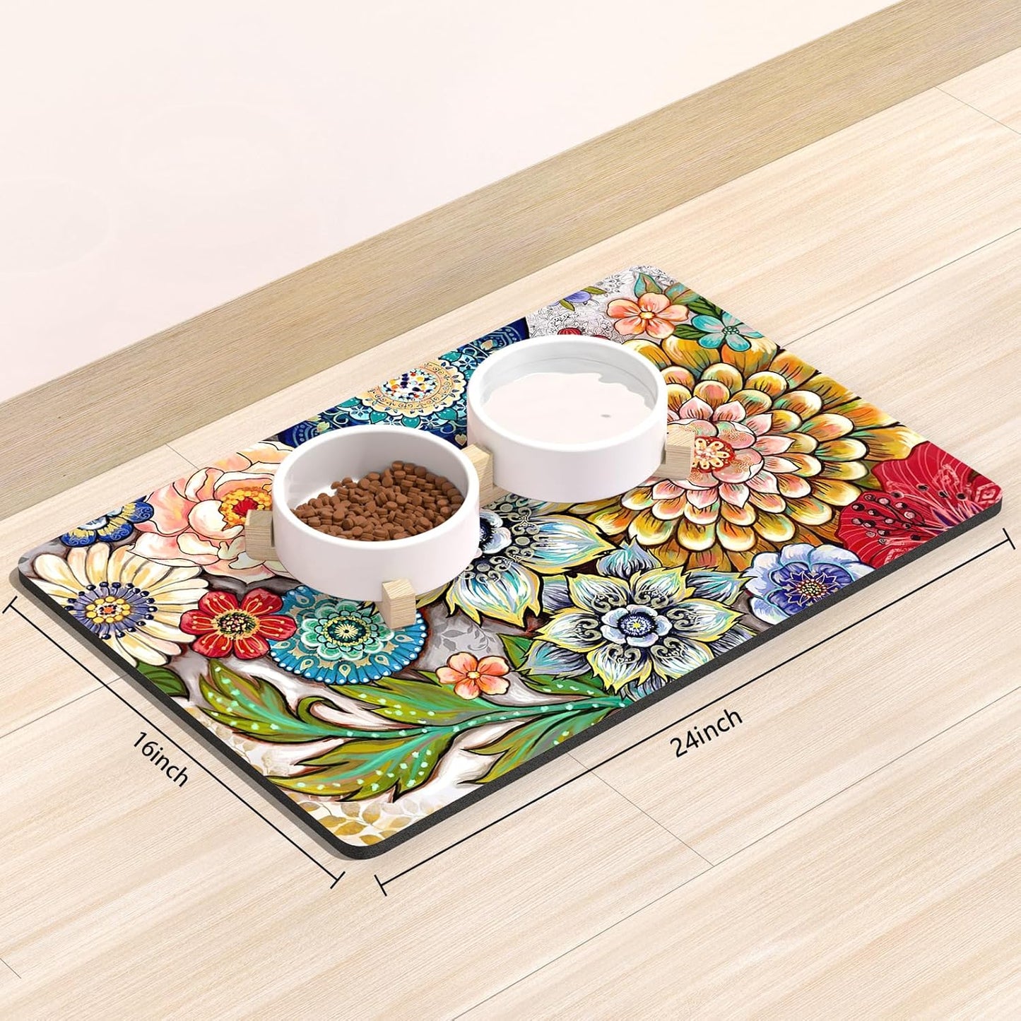 Rnivvi Dog Food Mat, 16" x 24" Flower Absorbent Dog Cat Bowl Mat for Food and Water, Cute Anti-Slip Rubber Pet Feeding Rug Protect Floors, Puppy Placemat for Feeding & Watering Supplies,Mandala Floral