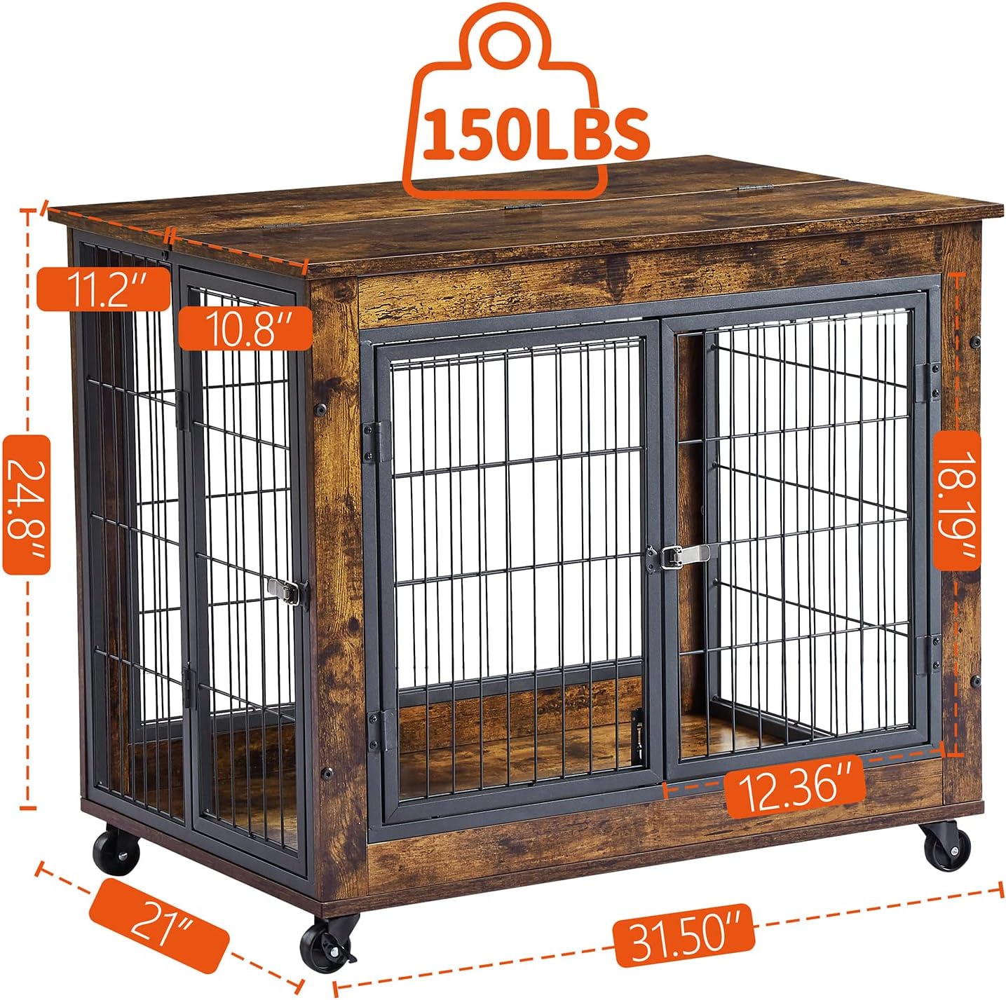 IchbinGo Dog Crate Furniture, Wooden Dog Crate Table, 31.5" Dog Kennel with 3 Doors, Flip-up Top Opening and Wheels, Decorative Pet Crate Dog House for Medium/Small Dog Indoor Use (Rustic Brown)