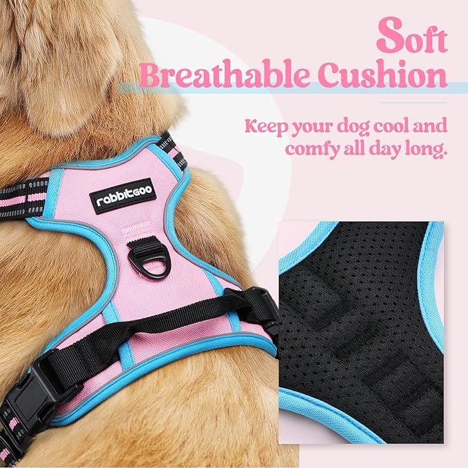 rabbitgoo Dog Harness No Pull with 2 Leash Clips, Adjustable Soft Padded, Reflective Oxford No Choke Pet Vest with Easy Control Handle for Medium Sized Dogs, Pink & Blue, M