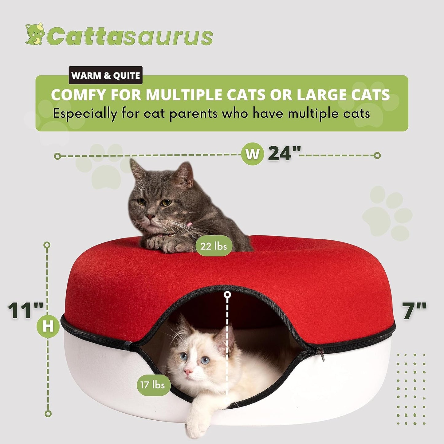 CATTASAURUS Peekaboo Cat Cave for Multiple & Large Cats Up to 30-45 Lbs, Scratch Detachable & Washable Tunnel Bed, Comfy Donut Cat Cave (Ruby Snowball, Large)