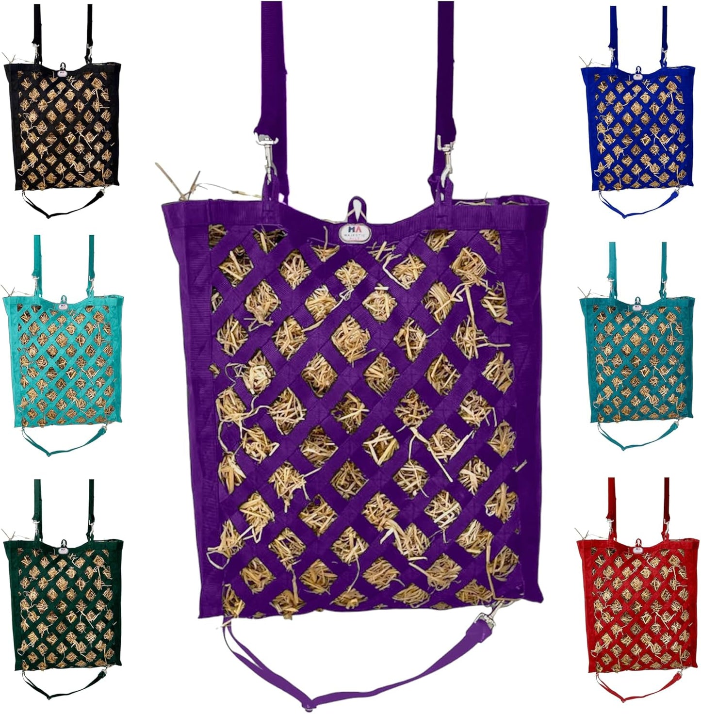 Majestic Ally Premium Nylon Hay Bag for Horses and Livestock, Simulates Grazing, Slow Feeding, Heavy-Duty PP Webbing,Quick-Adjust Straps, Small Hole for Digestion, Multiple Colors (Purple)