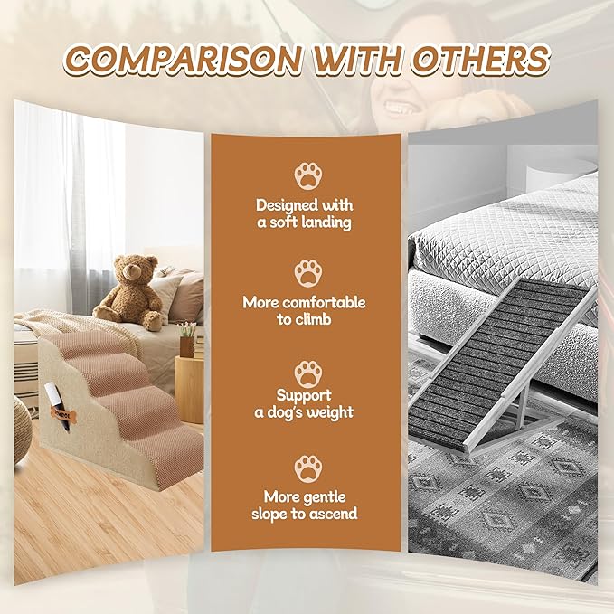 Dog Stairs, Romrol Dog Steps Ramp for High Bed and Couch, Dogs Ramp with Durable Non-Slip Waterproof Fabric Cover, Pet Stairs for Small Dogs and Cats or Pets Joints, 4-TiersLight Brown