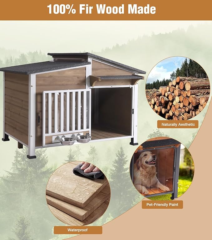 GUTINNEEN Dog House Outdoor with Anti-Chewing Metal Frame, Wooden Dog Kennel with 360° Rotating Feeding Bowl, Weatherproof Roof, for Indoor & Outdoor Use - Brown
