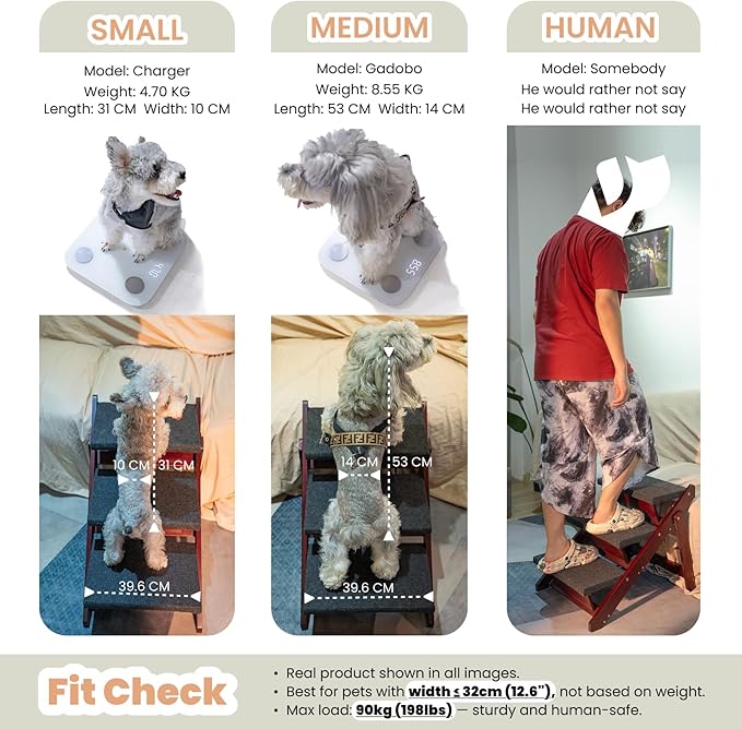 MEWANG Wooden Pet Stairs/Pet Steps - 3-in-1 Foldable Stairs & Ramp for Tall Beds and Cars - Portable Dog/Cat Ladder Up to 220 Pounds - for Small and Older Animals(Brown) (31.5" L x 17.2" W x 25.0" H)