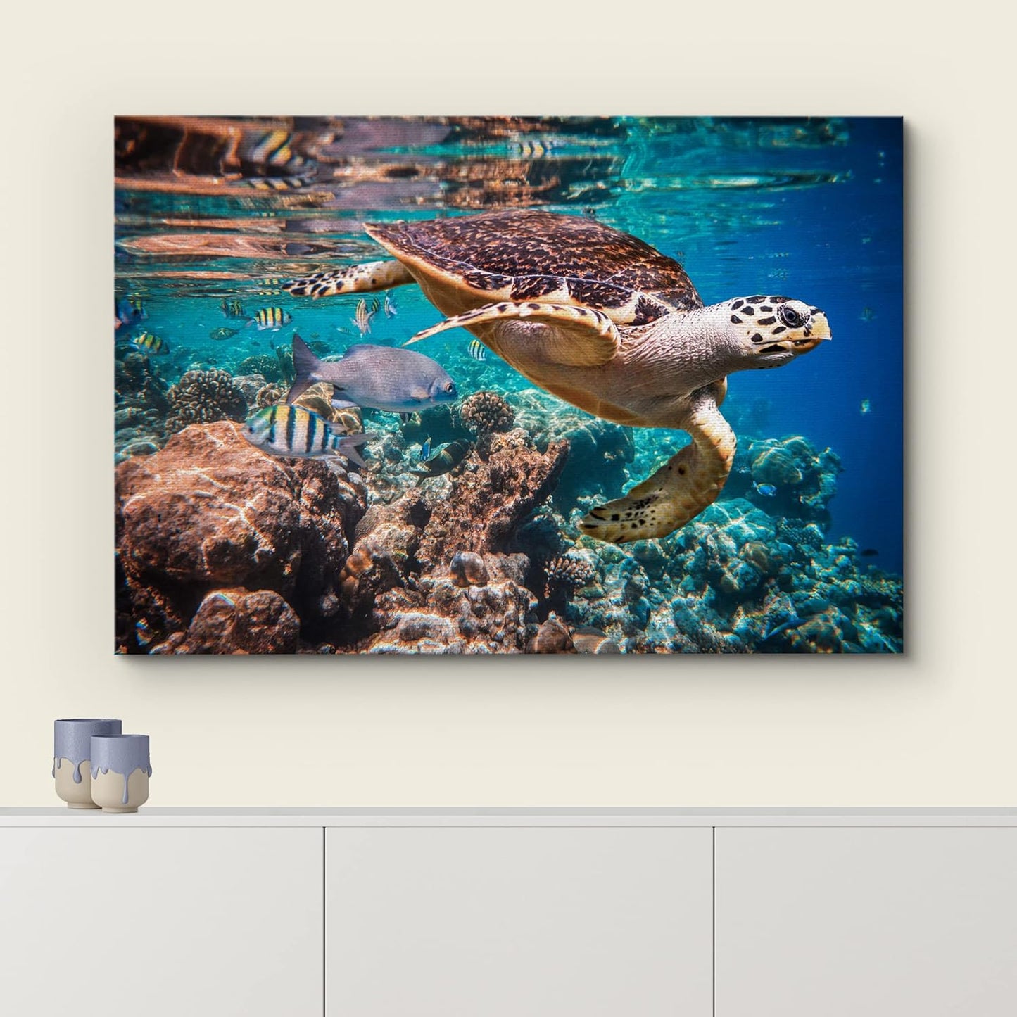 wall26 Canvas Print Wall Art Tropical Turtle Coral Reef Deep Sea Dive Nature Animals Photography Realism Rustic Scenic Landscape Wilderness Earth Colorful for Living Room, Bedroom, Office - 12"x18"