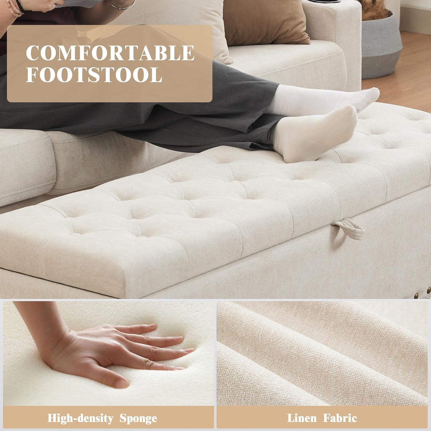 Mangodan51” Linen End of Bed Storage Bench, Tufetd Upholstered Storage Ottoman Bench with Safety Hinge, 330 lb Large Ottoman with Storages for Living Room, Entryway & Bedroom, Window Benches, Beige