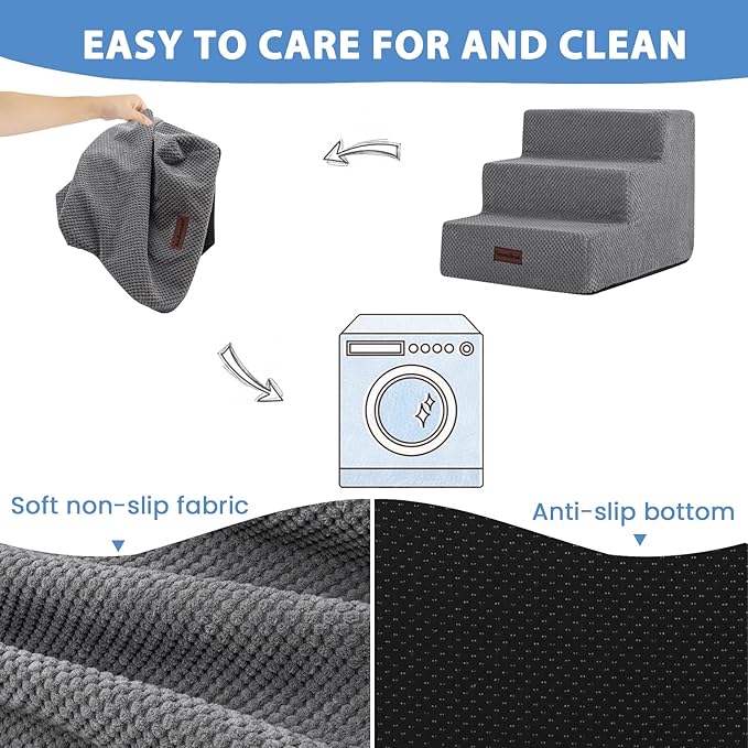 Dog Stairs for Small Dogs & Cats, 3-Step Non-Slip Pet Steps for Couch Sofa and Chair, Grey, 13.6" H