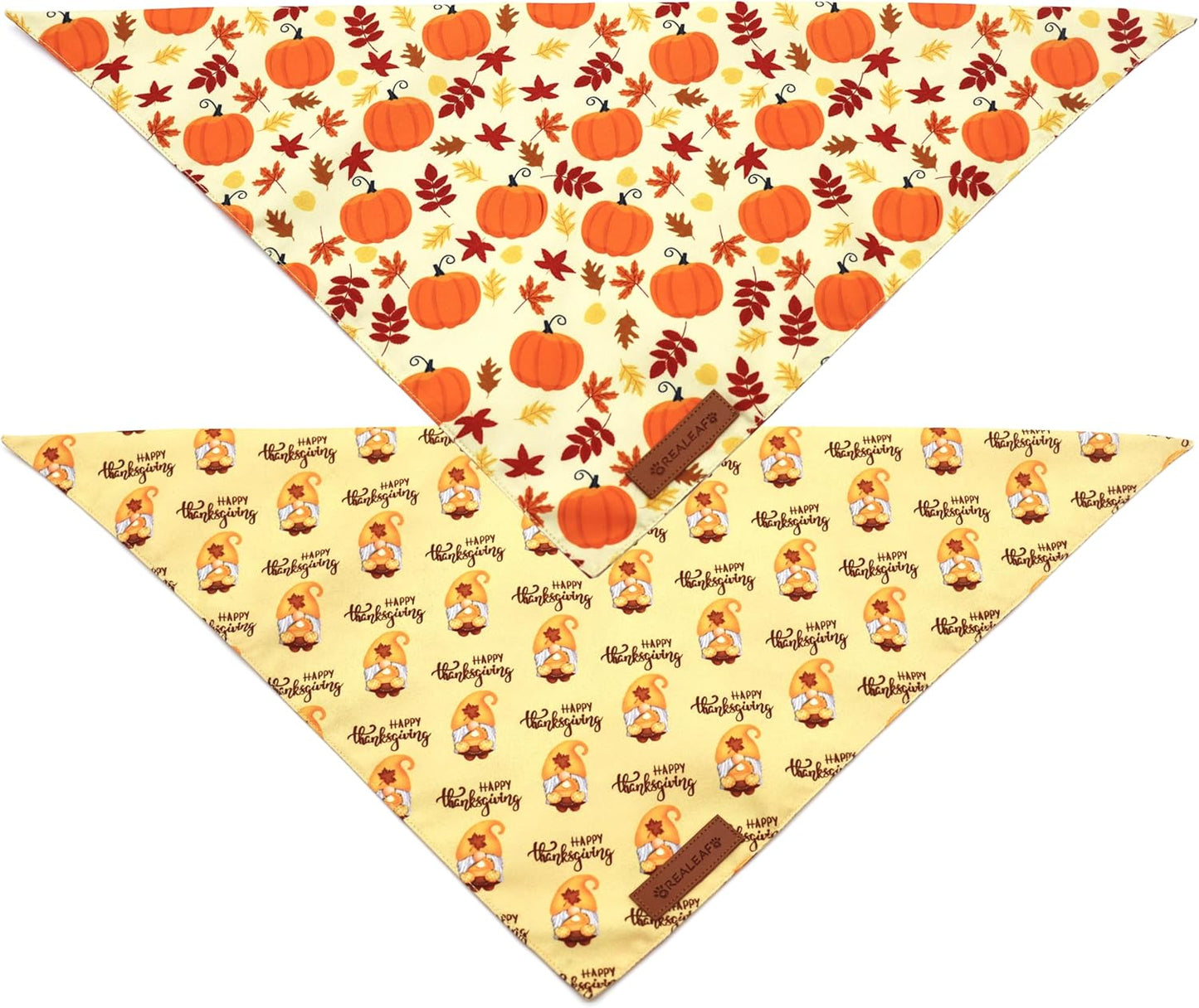 Realeaf Thanksgiving Dog Bandanas 2 Pack, Pumpkins and Happy Thanksgiving Pet Scarf for Boy and Girl, Premium Durable Fabric, Reversible Holiday Bandana for Medium and Large Dogs Pets (Large)