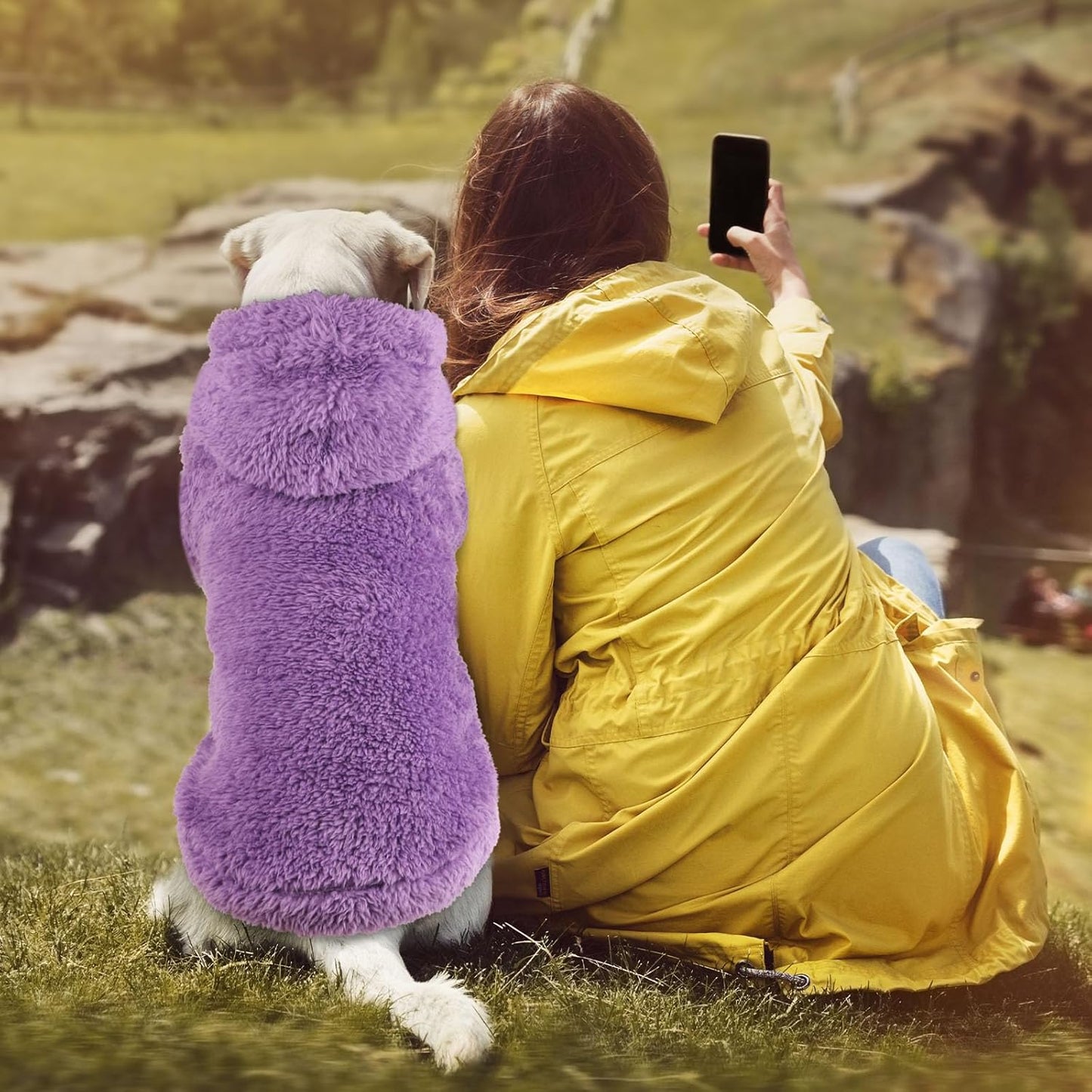 Fuzzy Dog Hoodie Dog Sweaters for Large Dogs Soft Double-Sided Plush Fleece Sweater Clothes Coats Hoodie Sherpa Hooded Sweatshirt(Purple-L)