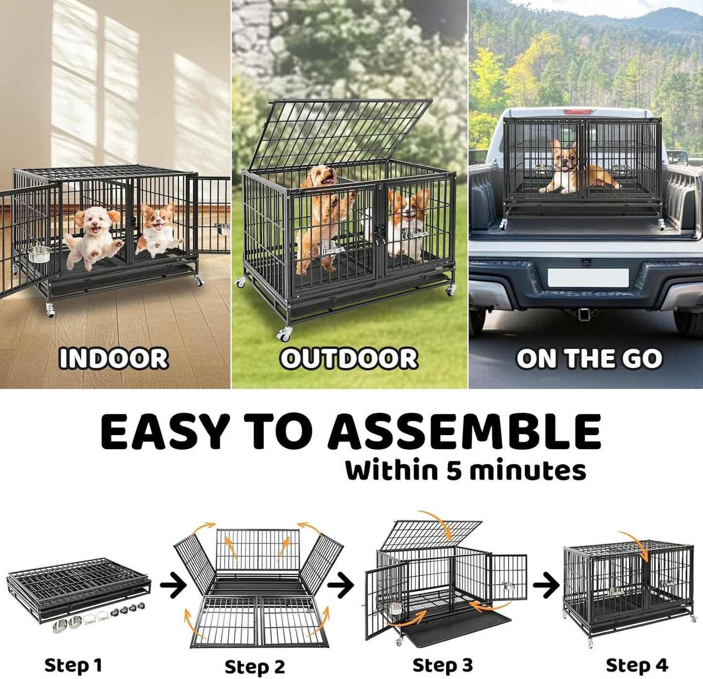 Homey Pet 43 inch Dog Crate Stackable Heavy Duty Dog Kennel Indoor Dog Grooming Cage with Detachable Divider, Removable Tray, Wheels, Feeding Bowls (2 Tiers)