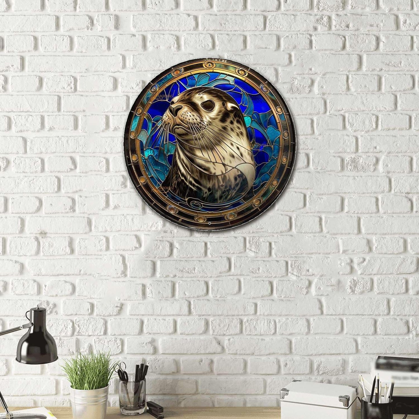 Lygond Metal Sign Tin Sign Circular Stained Glass Harbor Tin Sig For Home Decor 8×8 Inches