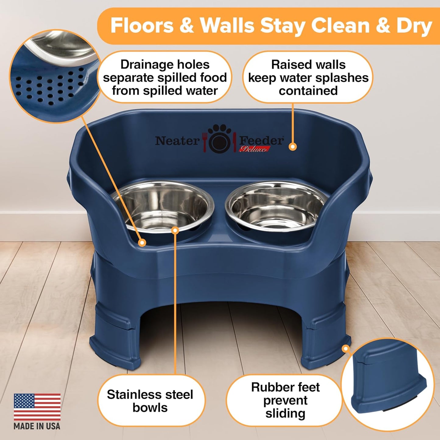 Neater Feeder Deluxe Mess Proof Dog Bowls Elevated Medium Sized Dogs (19-40 lbs) Made in USA, No Spill Raised Dog Food Bowl Stand w/Leg Extension, Stainless Steel Food and Water Bowl Set, Dark Blue