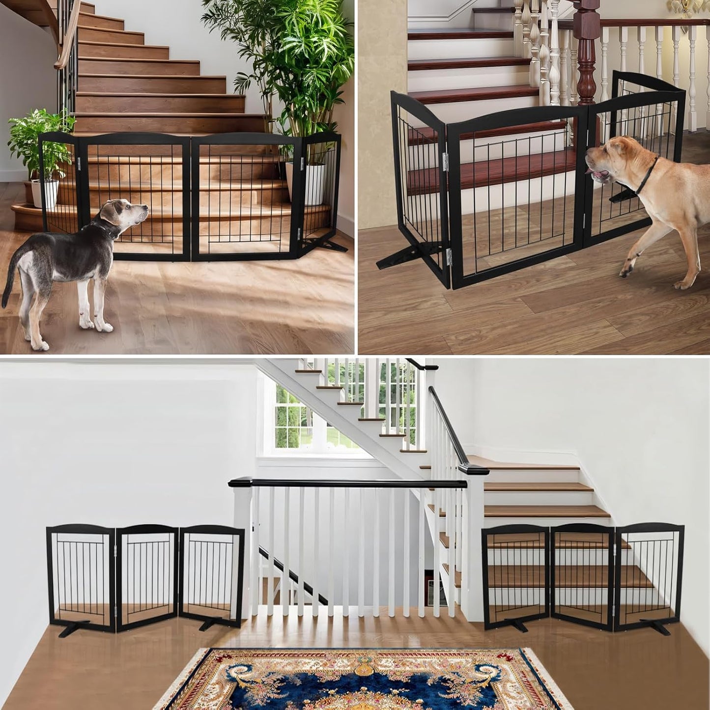 ZJSF Freestanding Dog Fence Indoor, Foldable Dog Gate for Doorways, Stairs or Hallways, Sturdy Wood Extra Wide Pet Gate with Support Feet for The House, Black, 32 "Height-4 Panels