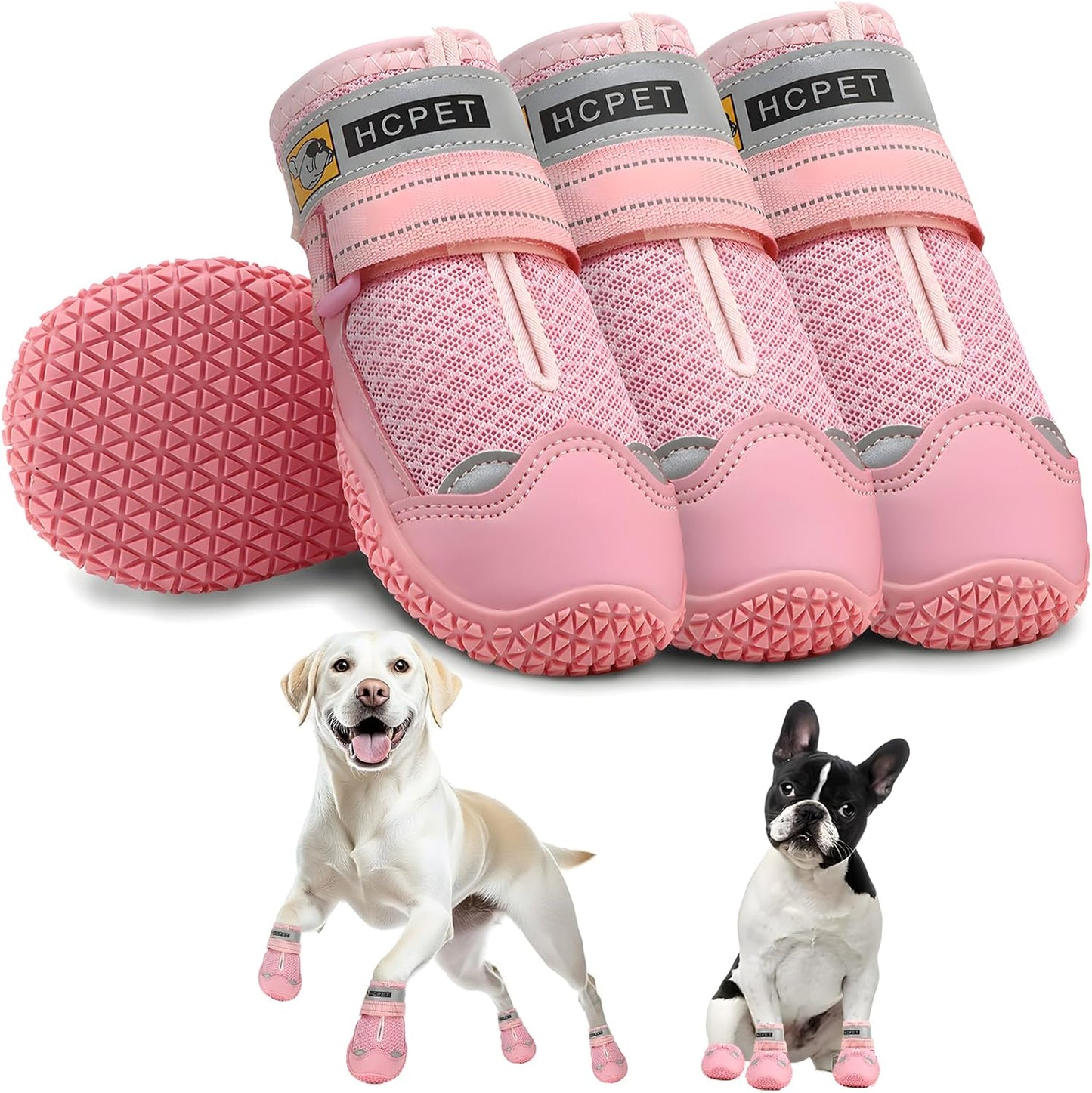 Hcpet Dog Shoes for Large Dogs, Breathable Dog Booties for Small Medium Dogs, Anti-Slip Dog Boots & Paw Protectors for Hot Pavement Winter Snow Hiking with Reflective Straps Pink Size 6