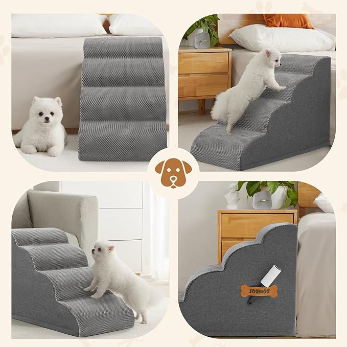 Dog Stairs, Romrol Dog Steps Ramp for High Bed and Couch, Dogs Ramp with Durable Non-Slip Waterproof Fabric Cover, Pet Stairs for Small Dogs and Cats or Pets Joints, 4-Tiers,Grey