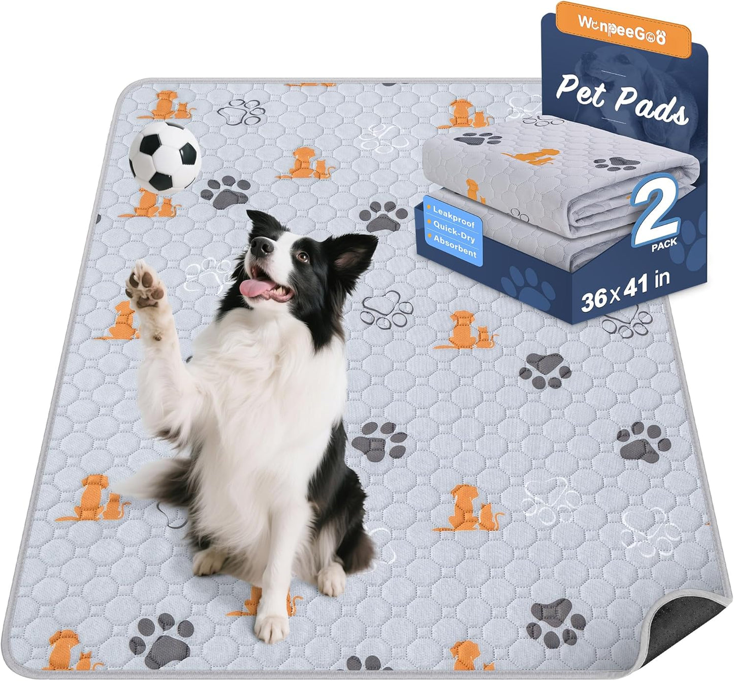 Washable Pee Pads for Dogs, 2 Pack Absorbent Reusable Training Dog Pads Pet Puppy Pads, Non-Slip Potty Pads for Whelping, Playpen, Crate, Bed, Orange, 36"x41"