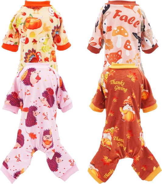 PET SHOW 4 Pack Fall Small Dog Pajamas Thanksgiving Clothes Doggies Girl Boy Soft Stretchy PJs Autumn Jumpsuit Puppy Cats Onesies Outfits with Sleeve Pets Dachshund Costume M