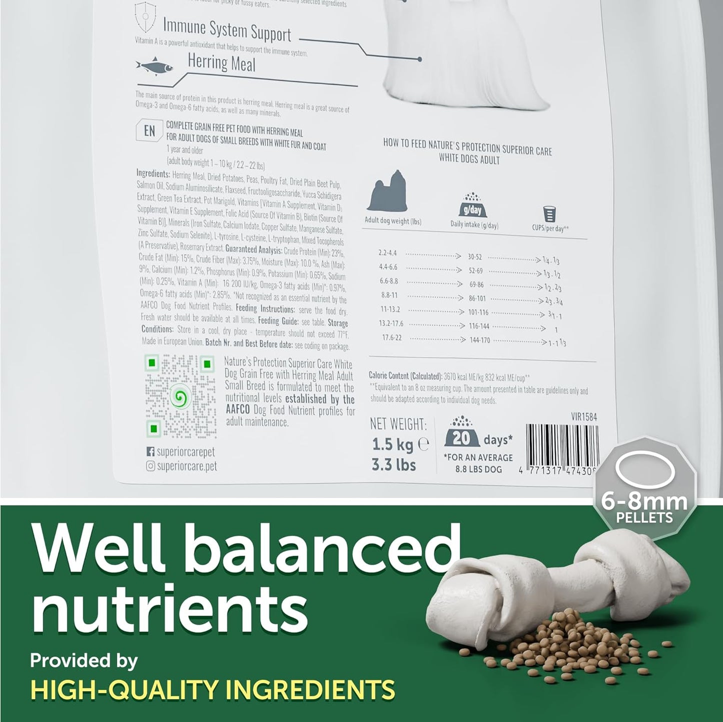 Nature's Protection Superior Care White Dogs Grain-Free Dry Dog Food - High Protein, Tear Stain Dog Food for Small & Mini Breeds Light Coated Adult Dogs, Fresh Pet Meal, Herring, 3.3 lb