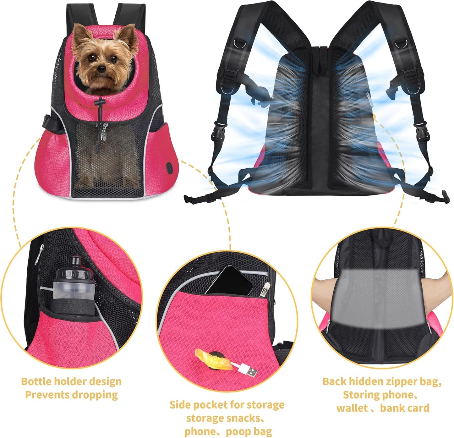 WOYYHO Pet Dog Carrier Backpack Small Dog Front Backpack Ventilated Mesh Dog Travel Back Pack with Safety Belt for Travel Hiking Cycling Outdoor Adventures (Size L: 10-14 lbs, Rethink Pink)