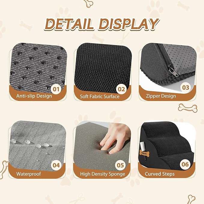 Romrol Dog Stairs Ramp for Beds Couches, Extra Wide Pet Steps with Durable Non-Slip Waterproof Fabric Cover, Dog Slope Stairs for Small Dogs and Cats or Pets Friendly, 3-Tiers, 13 Inch,Black