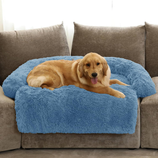 GGIB Calming Dog Bed Fluffy Plush Dog Mat for Furniture Protector with Removable Washable Cover for Large Medium Small Dogs and Cats (Extra Large (53x39.3x6), Navy)