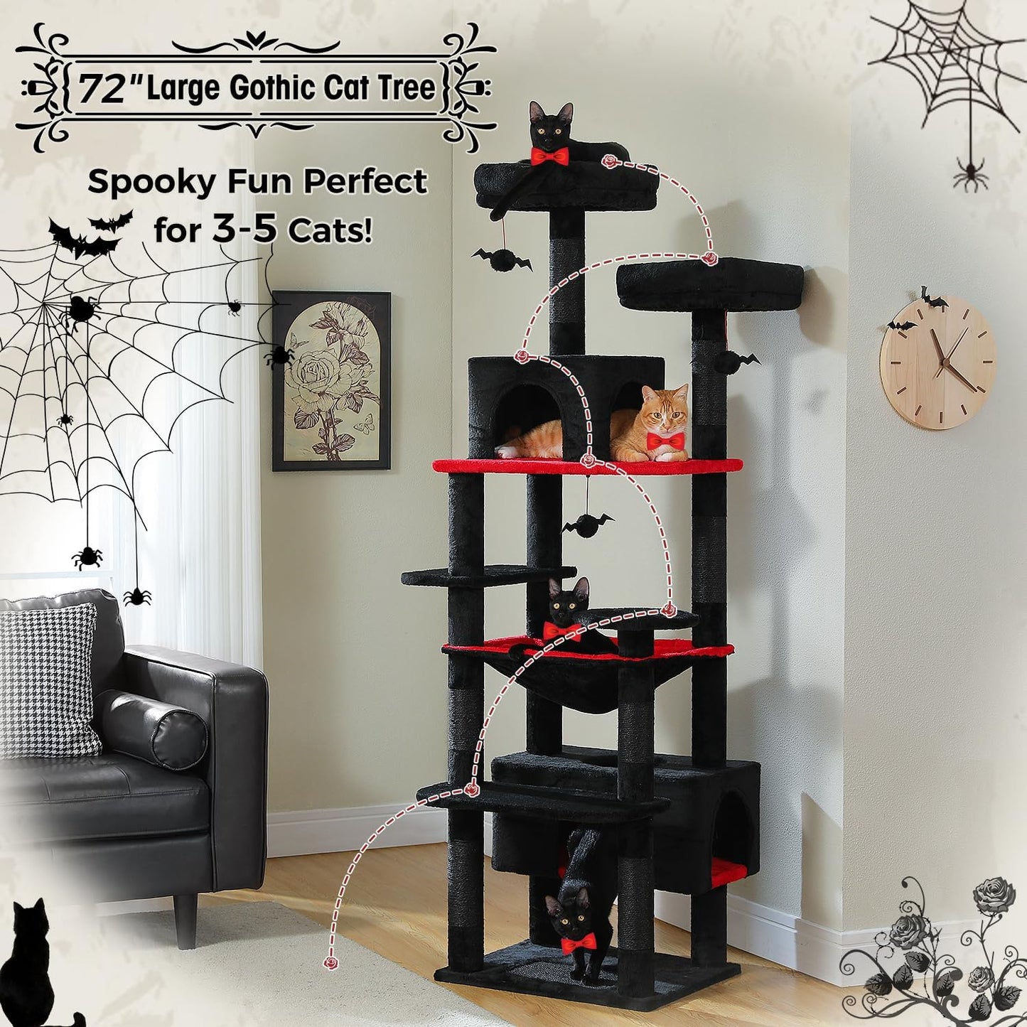 PAWZ Road Large Cat Tree, 72 Inches Gothic Cat Tower for Large Cats, Cat Condo with Sisal-Covered Scratching Posts and Pads, 2 Padded Perch, Dual Condo and Basket for Indoor Cats-Black