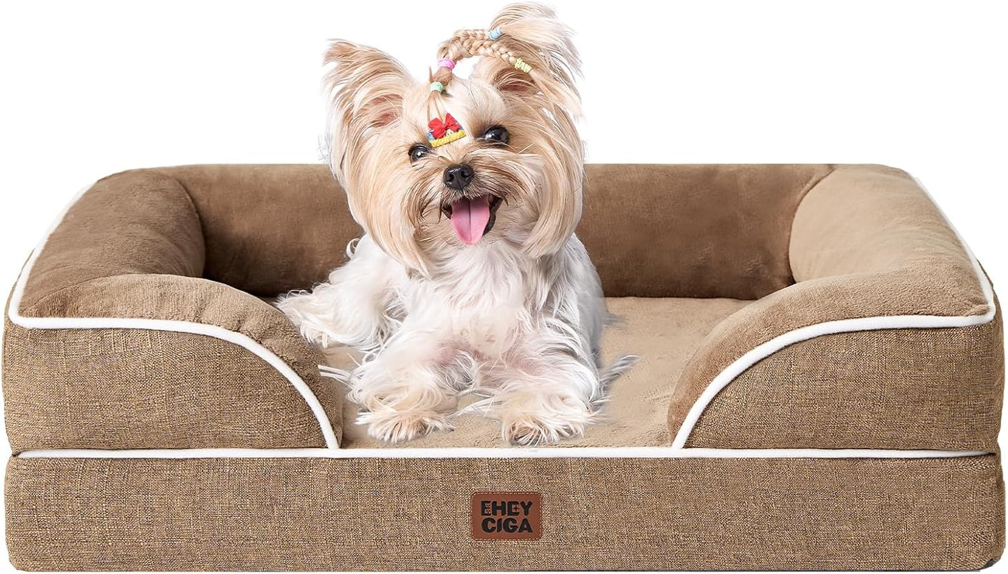 EHEYCIGA Orthopedic Dog Bed for Small Dogs, Waterproof Memory Foam Small Dog Beds with Sides, Non-Slip Bottom and Egg-Crate Foam Medium Pet Couch Bed with Washable Removable Cover, Camel
