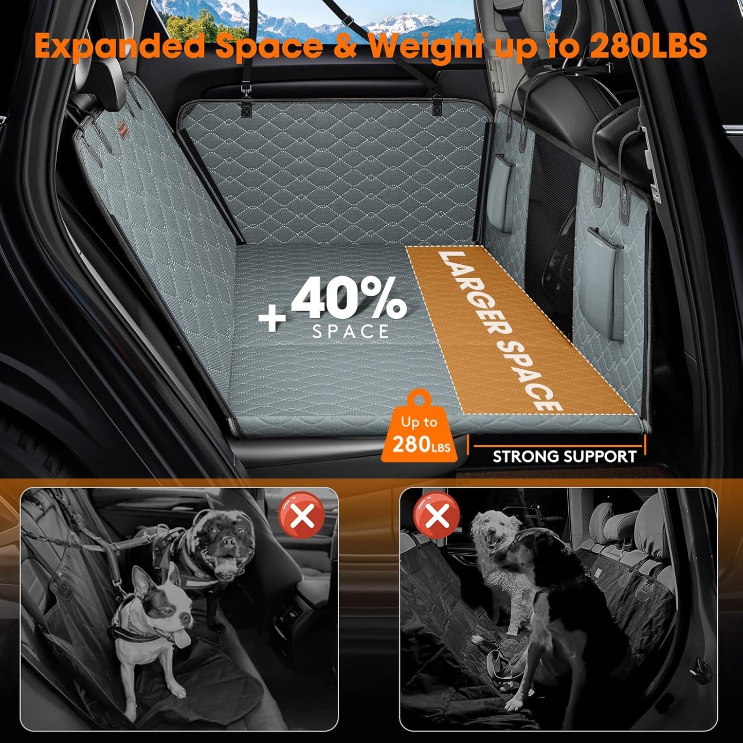 MIXJOY Back Seat Extender - Hard Bottom Dog Car Seat Cover, Waterproof & Foldable Dog Hammock for Car Travel, Grey