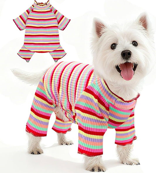 BAEJMJK Striped Dog Pajamas Stretchy Cute Four-Legged Boy Girl Dog Clothes with Sleeves Comfortable Dogs Jumpsuit Colorful Pet Puppy Outfits Apparel for Small Medium Dogs Cats(Red,Large)