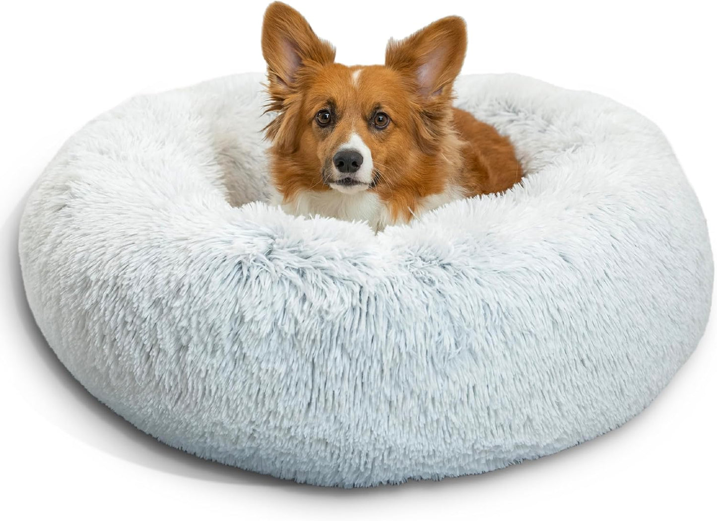 Best Friends by Sheri Original Calming Donut Dog and Cat Bed, Shag Faux Fur, Frost Gray, (30in x 30in) - Anxiety Relief for Pets Up to 45 lbs