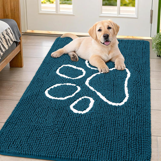 Smiry Dog Door Mat for Muddy Paws, Absorbent Dirt Trapper Non Slip Quick Dry Washable Chenille Mat for Mud Dogs, Entry Rug for Indoor and Outdoor (47x32 Inches, Atlantic Blue)