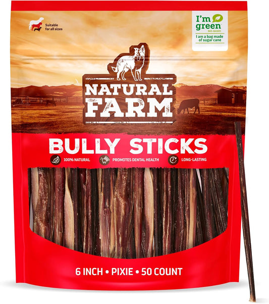Natural Farm Bully Sticks (6 Inch, 50 Pack), Thin Pixie Pizzle Beef Treats, Grain-Free, High Protein, Best Rawhide Alternative for Small, Puppies or Senior Dogs