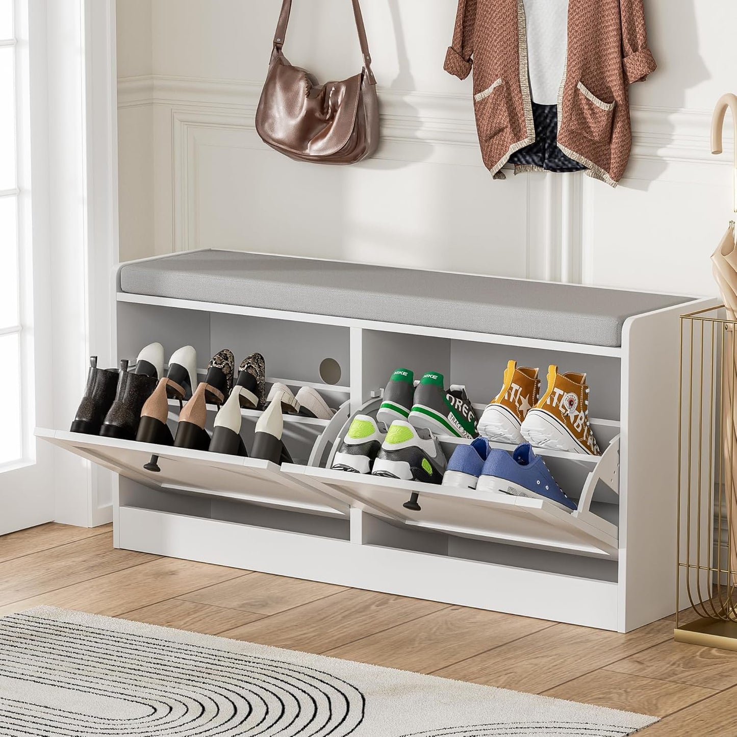 MHOM White Entryway Bench with 2 Flip Drawers, Shoe Bench with Padded Seat Cushion, Wooden Shoe Storage Bench for Entryway and Apartment