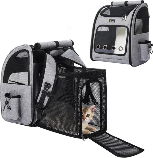Hoopet Expandable Cat Backpack Carrier – Breathable Pet Carrier for Small Cats & Dogs, Foldable Travel Backpack with Mesh Ventilation for Hiking, Walking, Camping, Light Grey
