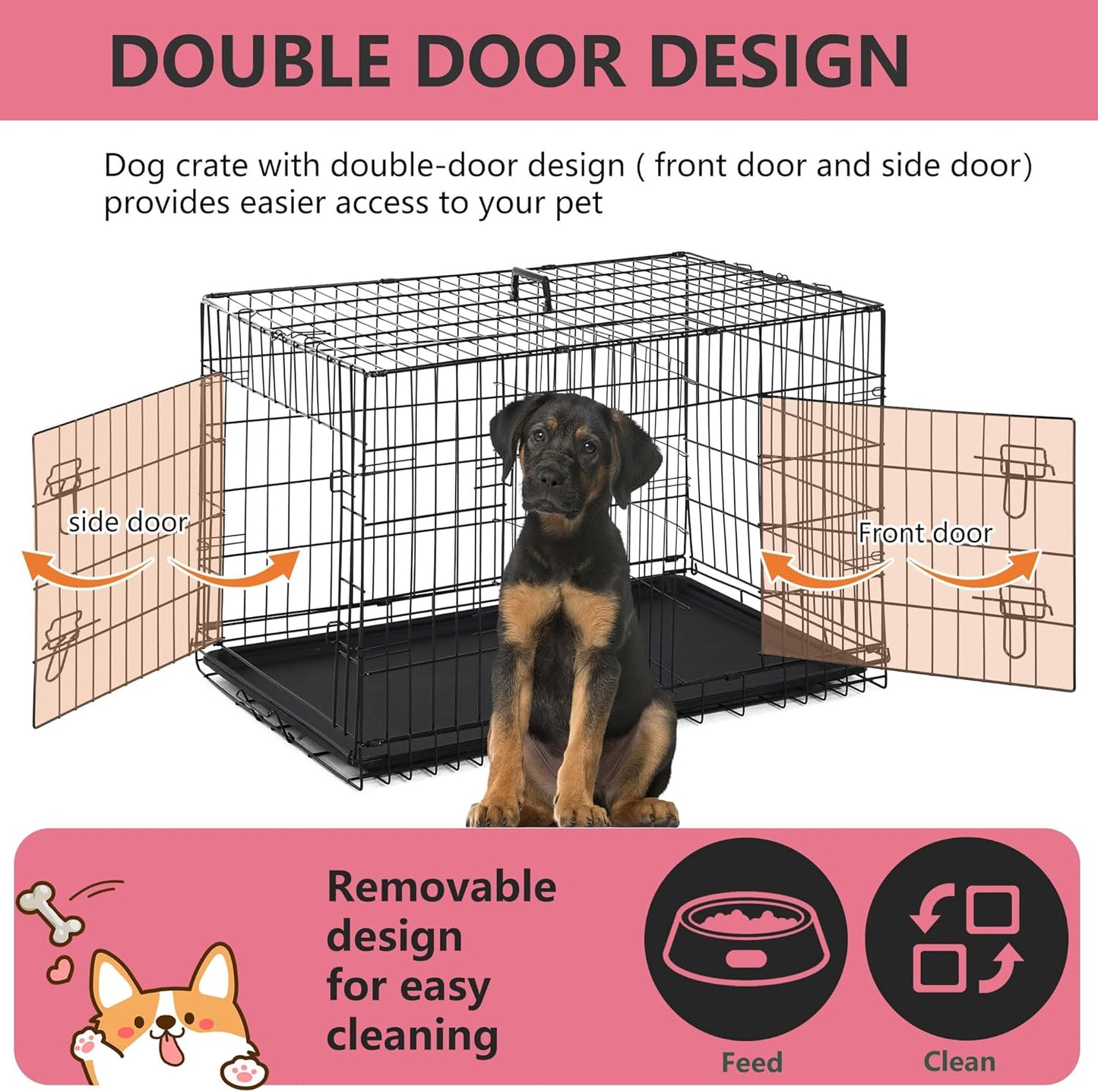 FDW Extra Large Dog Crate Dog Kennel Cage with Double Door,48 inch Folding Metal Wire Dog Cage with Removable Tray&Divider Panel,Pet Crate for Large Dogs,Black