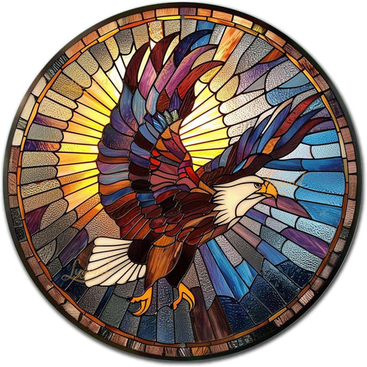 Lygond Metal Sign Tin Sign Circular Stained Glass Eagle Kitty Decor For Pet 8×8 Inches