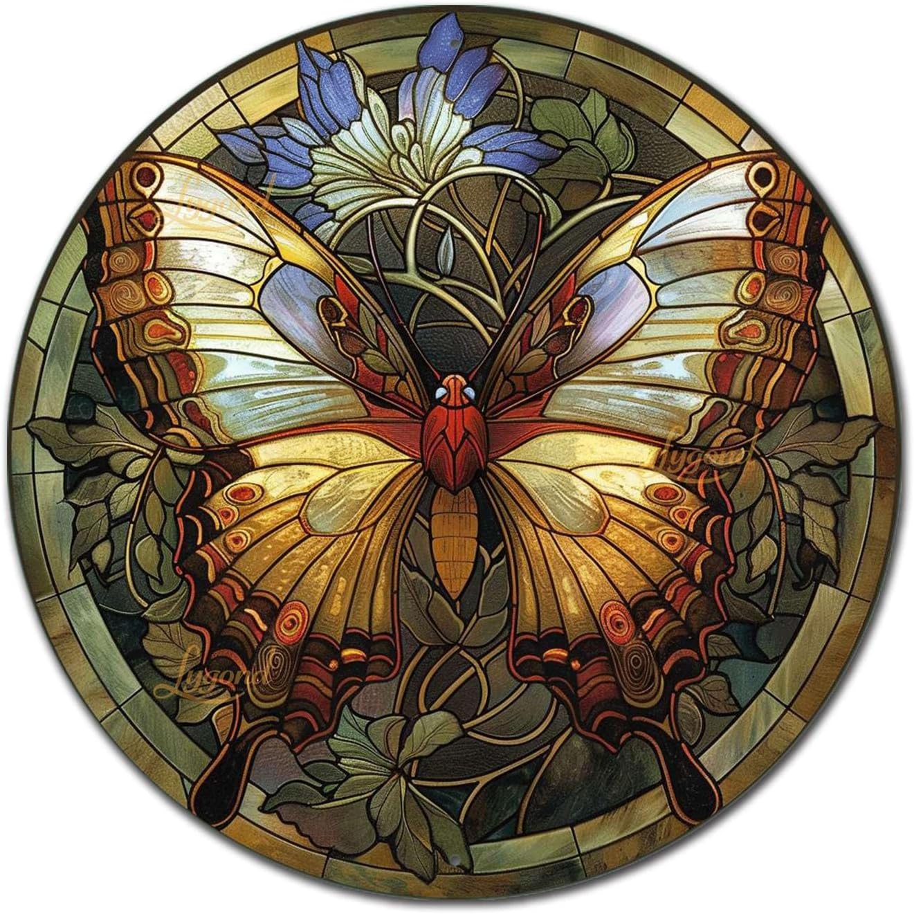 Lygond Metal Sign Tin Sign Circular Stained Glass Butterfly Funny Bathroom Wall Decor for Patio 8×8 Inches