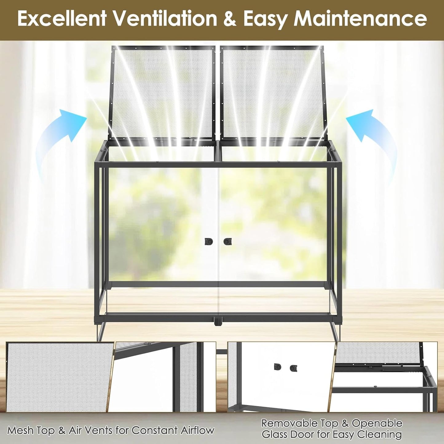 Erinnyees 74 Gallon Reptile Terrarium with Top Screen Ventilation, Snake Habitat with Heating Pad Space, Front Opening Reptile Vivarium with Sliding Cable Outlet for Leopard Geckos, Snakes, Turtles