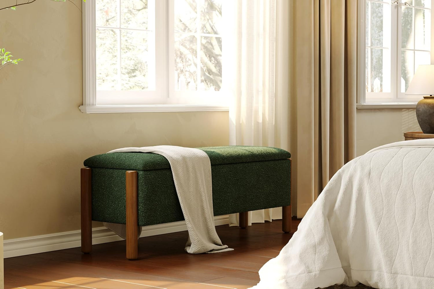 Modern Storage Benches with Walnut Wood Legs, 47'' Ottoman Bench with 20 Gallons Storage Space for Bedroom End of Bed, Fabric Upholstered Entryway Bench with Seating for Livingroom, Green